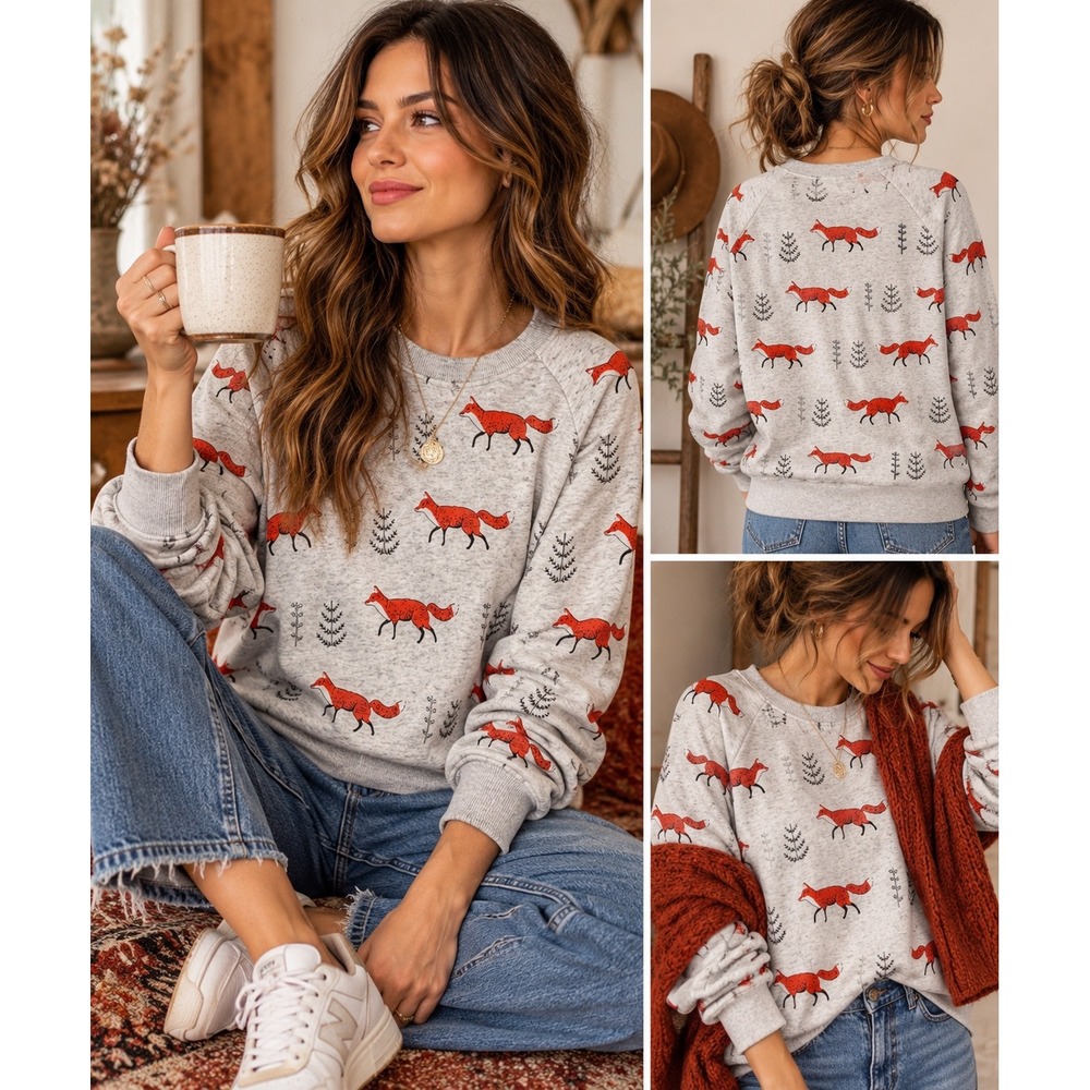 L.A. Soul Fox Print Sweatshirt NWT Gray Cottagecore Woodland Fleece Pullover L